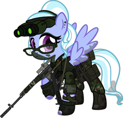 Size: 6000x5792 | Tagged: safe, artist:n0kkun, sugarcoat, pegasus, pony, belt, boots, camouflage, clothes, commission, dirt, ear piercing, earring, equestria girls ponified, eyeshadow, female, fingerless gloves, glasses, gloves, goggles, gun, hairband, holster, jewelry, karambit, knife, makeup, mare, mercenary, mp5, mud, night vision goggles, pants, piercing, ponified, pouch, radio, raised hoof, rifle, shoes, simple background, sniper rifle, sniperskya vintovka dragunova, solo, submachinegun, transparent background, walkie talkie, weapon