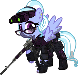 Size: 6000x5792 | Tagged: safe, alternate version, artist:n0kkun, sugarcoat, pegasus, pony, belt, boots, camouflage, clothes, commission, dirt, ear piercing, earring, equestria girls ponified, eyeshadow, female, fingerless gloves, glasses, gloves, goggles, gun, hairband, holster, jewelry, karambit, knife, makeup, mare, mercenary, mp5, mud, night vision goggles, pants, piercing, ponified, pouch, radio, raised hoof, rifle, shoes, simple background, sniper rifle, sniperskya vintovka dragunova, solo, submachinegun, transparent background, walkie talkie, weapon