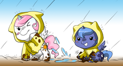 Size: 700x376 | Tagged: safe, artist:yoonny92, princess celestia, princess luna, alicorn, pony, cewestia, cute, filly, mud, puddle, rain, raincoat, woona, younger