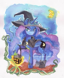 Size: 900x1092 | Tagged: safe, artist:bisc-chan, princess luna, alicorn, pony, clothes, costume, hat, lantern, moon, nightmare night, solo, traditional art, witch