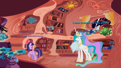 Size: 1280x720 | Tagged: safe, princess celestia, twilight sparkle, alicorn, pony, golden oaks library, library, thunderstorm