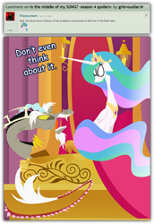 Size: 1024x1490 | Tagged: safe, artist:grievousfan, discord, princess celestia, alicorn, pony, comments, discord being discord, glare, literal minded, sitting, teeth