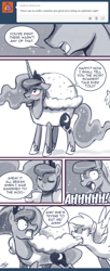 Size: 550x1344 | Tagged: safe, artist:johnjoseco, derpy hooves, princess luna, alicorn, pony, ask princess molestia, clothes, comic, costume, muffin