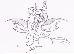 Size: 905x663 | Tagged: safe, artist:joey darkmeat, queen chrysalis, changeling, changeling queen, cute, cutealis, female, monochrome, solo, traditional art