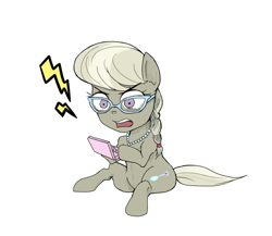 Size: 800x695 | Tagged: safe, artist:kuromozuku, silver spoon, console, female, filly, glasses, nintendo ds, open mouth, pearl necklace, pixiv, solo, solo female