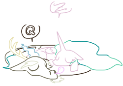 Size: 752x526 | Tagged: safe, artist:the weaver, discord, princess celestia, alicorn, pony, dislestia, female, male, q, shipping, simple background, sleeping, snot bubble, straight, white background, z