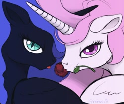 Size: 500x419 | Tagged: safe, artist:arareroll, nightmare moon, princess celestia, princess luna, alicorn, pony, :p, bedroom eyes, floppy ears, looking at you, looking back, mouth hold, nightmare mlem, pink-mane celestia, rose, royal sisters, smiling, tongue out