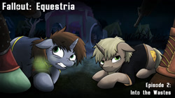 Size: 1920x1080 | Tagged: safe, oc, oc only, oc:littlepip, oc:monterey jack, unicorn, fallout equestria, mare, pipbuck, ponyville, raider, stallion, title card, vault suit