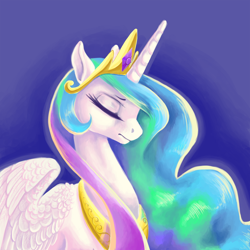 Size: 2640x2640 | Tagged: safe, artist:zaphy1415926, princess celestia, alicorn, pony, blue background, crown, eyes closed, female, jewelry, mare, purple background, regalia, regret, sad, simple background, solo