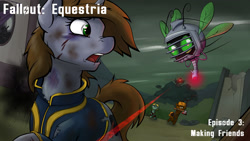 Size: 1920x1080 | Tagged: safe, oc, oc only, oc:littlepip, oc:watcher, pony, robot, unicorn, fallout equestria, bruised, fanfic, fanfic art, golden oaks library, laser sight, mare, ponyville, raider, spritebot, title card, vault suit