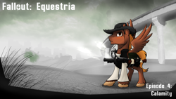 Size: 1920x1080 | Tagged: safe, oc, oc only, oc:calamity, pegasus, pony, fallout equestria, battle saddle, cowboy hat, dashite, fanfic, fanfic art, solo, stallion, title card, wasteland