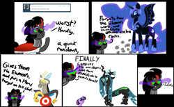 Size: 1787x1100 | Tagged: safe, discord, king sombra, nightmare moon, queen chrysalis, changeling, changeling queen, pony, unicorn, antagonist