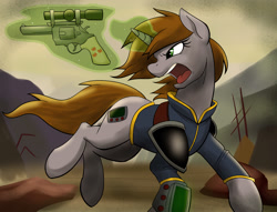 Size: 1200x916 | Tagged: safe, oc, oc:littlepip, fallout equestria, fanfic, fanfic art, galloping, gun, little macintosh, pipbuck, revolver, telekinesis, vault suit, wasteland