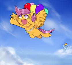 Size: 800x720 | Tagged: safe, artist:kuromozuku, rainbow dash, scootaloo, pegasus, pony, balloon, duo, duo female, female, pixiv, scootaloo can fly, scootalove