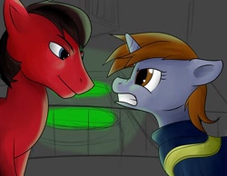 Size: 1024x794 | Tagged: safe, oc, oc only, oc:littlepip, oc:red eye, cyborg, earth pony, pony, unicorn, fallout equestria, cyber eyes, fanfic, fanfic art, gritted teeth, i.m.p., impelled metamorphosis potion, looking at each other, mare, red-eye's cathedral, smirk, stallion, vault suit