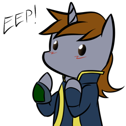 Size: 800x800 | Tagged: safe, oc, oc only, fallout equestria, blushing, eep, pipbuck, reaction image, solo, vault suit, white background