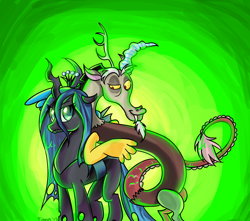 Size: 2104x1860 | Tagged: safe, artist:timotei-chan, discord, queen chrysalis, changeling, changeling queen, discolis, female, male, shipping, straight