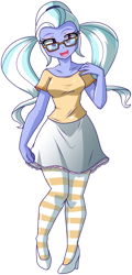 Size: 1633x3393 | Tagged: safe, artist:danmakuman, edit, sugarcoat, equestria girls, alternate costumes, clothes, cute, glasses, high heels, looking at you, pantyhose, pigtails, shoes, simple background, skirt, skirt pull, smiling, socks, solo, striped socks, sugarcute, transparent background