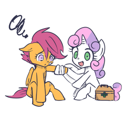 Size: 599x535 | Tagged: safe, artist:kuromozuku, scootaloo, sweetie belle, pegasus, pony, unicorn, bandage, duo, duo female, filly, first aid, first aid kit