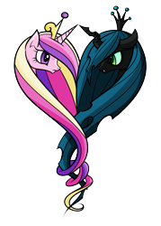 Size: 1585x2210 | Tagged: safe, artist:faikie, princess cadance, queen chrysalis, alicorn, changeling, changeling queen, pony, duo, duo female, female, females only, green eyes, horn, mare, multicolored mane, pink coat