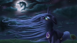 Size: 1920x1080 | Tagged: safe, artist:bluespaceling, princess luna, alicorn, pony, moon, night, solo, windswept mane