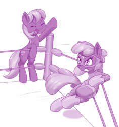 Size: 1280x1361 | Tagged: safe, artist:dstears, idw, cheerilee, cherry blossom (idw), earth pony, pony, digital art, female, flower, flower blossom, mare, monochrome, siblings, sisters, sports, twins, wrestling, wrestling ring