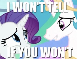 Size: 362x281 | Tagged: safe, princess celestia, rarity, alicorn, pony, unicorn, canterlot, image macro, meme, semi-vulgar, the prestige