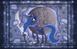 Size: 1600x1014 | Tagged: safe, artist:raptor007, princess luna, alicorn, pony, armor, clothes, moon, solo, sword, warrior luna, weapon