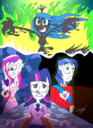 Size: 1024x1407 | Tagged: safe, artist:ringteam, princess cadance, queen chrysalis, shining armor, twilight sparkle, a canterlot wedding, crying, fire, humanized, scene interpretation