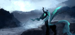 Size: 1295x616 | Tagged: dead source, safe, artist:jokerpony, queen chrysalis, changeling, changeling queen, female, river, scenery, solo