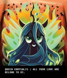 Size: 604x700 | Tagged: safe, artist:yulyeen, queen chrysalis, changeling, changeling queen, all your base are belong to us, meme, parody, zero wing