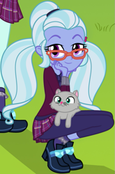 Size: 457x691 | Tagged: safe, artist:charliexe, edit, sugarcoat, cat, equestria girls, friendship games, clothes, cropped, crystal prep academy uniform, crystal prep shadowbolts, cute, female, looking at you, meme, school uniform, smiling, solo, squatting, sugarcute