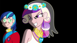 Size: 1920x1080 | Tagged: safe, artist:trinityinyang, princess cadance, queen chrysalis, shining armor, a canterlot wedding, fake cadance, glowing eyes, humanized, scene interpretation