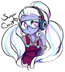 Size: 590x654 | Tagged: safe, artist:blastosunnydee, sugarcoat, equestria girls, friendship games, cute, earmuffs, female, long hair, looking at you, overalls, pigtails, safety goggles, signature, simple background, sketchy, smiling, solo, sugarcute, twintails, white background