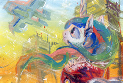 Size: 4670x3134 | Tagged: safe, artist:quiet-victories, princess celestia, alicorn, pony, aircraft, city, cityscape, clothes, gouache, plane, science fiction, snow, snowfall, traditional art