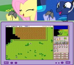 Size: 1126x1000 | Tagged: safe, fluttershy, princess luna, alicorn, pegasus, pony, capture the flag, controller, dos game, exploitable meme, eyes closed, female, gamer luna, gamershy, happy, hoof hold, mare, meme, obligatory pony, open mouth, pink mane, screen, smiling, tv meme, video game, yellow coat
