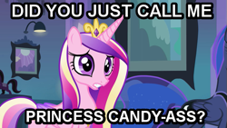 Size: 595x335 | Tagged: safe, princess cadance, princess luna, alicorn, pony, candy ass, frown, gritted teeth, image macro, vulgar, wide eyes