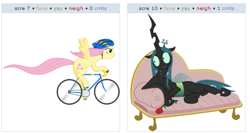 Size: 531x282 | Tagged: safe, fluttershy, queen chrysalis, changeling, changeling queen, pegasus, pony, bicycle, exploitable meme, juxtaposition, juxtaposition win, sofa