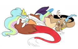 Size: 1696x1067 | Tagged: safe, artist:frankilew, discord, princess celestia, alicorn, pony, dislestia, female, male, pony pile, shipping, sleeping, straight, traditional art