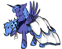 Size: 742x585 | Tagged: safe, artist:silver1kunai, princess luna, alicorn, pony, 4chan, bouquet, clothes, dress, eyes closed, flower, pretty, simple background, smiling, solo, spread wings, standing, wedding dress