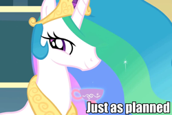 Size: 960x640 | Tagged: safe, edit, edited screencap, screencap, princess celestia, alicorn, pony, a bird in the hoof, caption, just as planned, levitation, lidded eyes, magic, solo, teacup, telekinesis