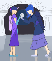 Size: 1348x1596 | Tagged: safe, artist:woodstains, princess luna, twilight sparkle, twilight sparkle (alicorn), alicorn, human, dancing, female, horned humanization, humanized, lesbian, light skin, moon, shipping, twiluna, winged humanization