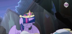 Size: 1274x612 | Tagged: safe, princess celestia, twilight sparkle, twilight sparkle (alicorn), alicorn, pony, season 4, confirmed legit, crying, female, hub logo, mare, sad