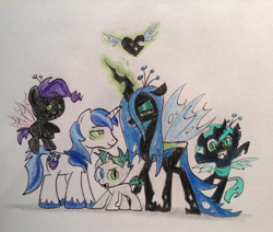 Size: 2284x1936 | Tagged: safe, artist:mrhaliboot, queen chrysalis, shining armor, changeling, changeling queen, hybrid, pony, unicorn, bad end, heart, interspecies offspring, magic, mind control, offspring, parent:queen chrysalis, parent:shining armor, parents:shining chrysalis, simple background, the bad guy wins, traditional art, white background