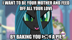 Size: 625x351 | Tagged: safe, edit, edited screencap, screencap, queen chrysalis, changeling, changeling queen, a canterlot wedding, hub logo, image macro, looking at you, love, solo, teen titans