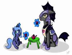 Size: 3300x2550 | Tagged: safe, artist:ljaymlp, princess luna, alicorn, pony, apron, clothes, filly, night guard, tea party, woona