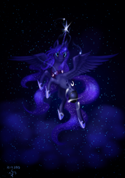 Size: 3500x4960 | Tagged: safe, artist:dalagar, princess luna, alicorn, pony, egg, female, flying, magic, night, solo, spread wings, telekinesis, wings