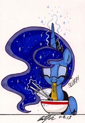 Size: 706x1020 | Tagged: safe, artist:newyorkx3, princess luna, alicorn, pony, bowl, cute, eyes closed, magic, noodles, ramen, simple background, smiling, solo, traditional art