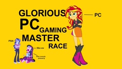 Size: 1366x768 | Tagged: safe, princess luna, sunset shimmer, twilight sparkle, vice principal luna, equestria girls, barely pony related, computer, glorious master race, obligatory pony, op is a cuck, op is trying to start shit, playstation 4, xbox one