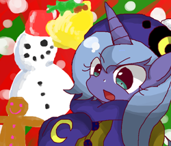 Size: 700x600 | Tagged: safe, artist:goyon5454541, princess luna, alicorn, pony, clothes, hat, pixiv, s1 luna, scarf, snowman, solo